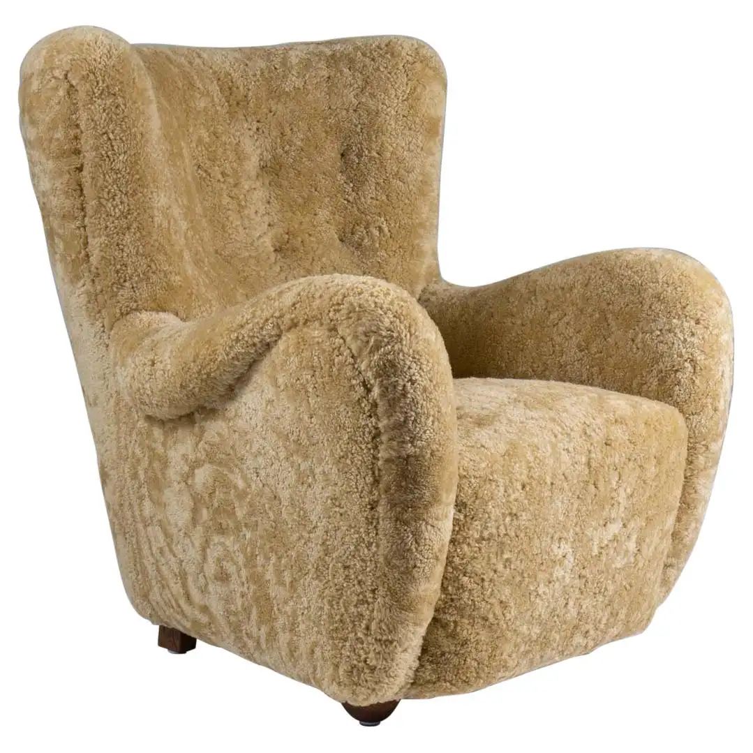 Scandinavian Mid Century Lounge Chair in Sheepskin | 1stDibs