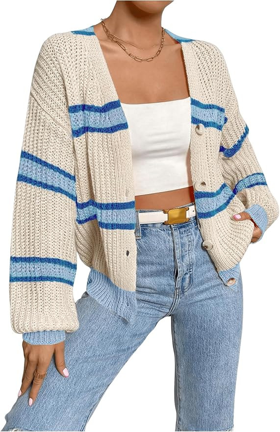 WDIRARA Women's Color Block Drop Shoulder Long Sleeve Cardigan Button Front Mesh Knitted Tops | Amazon (US)
