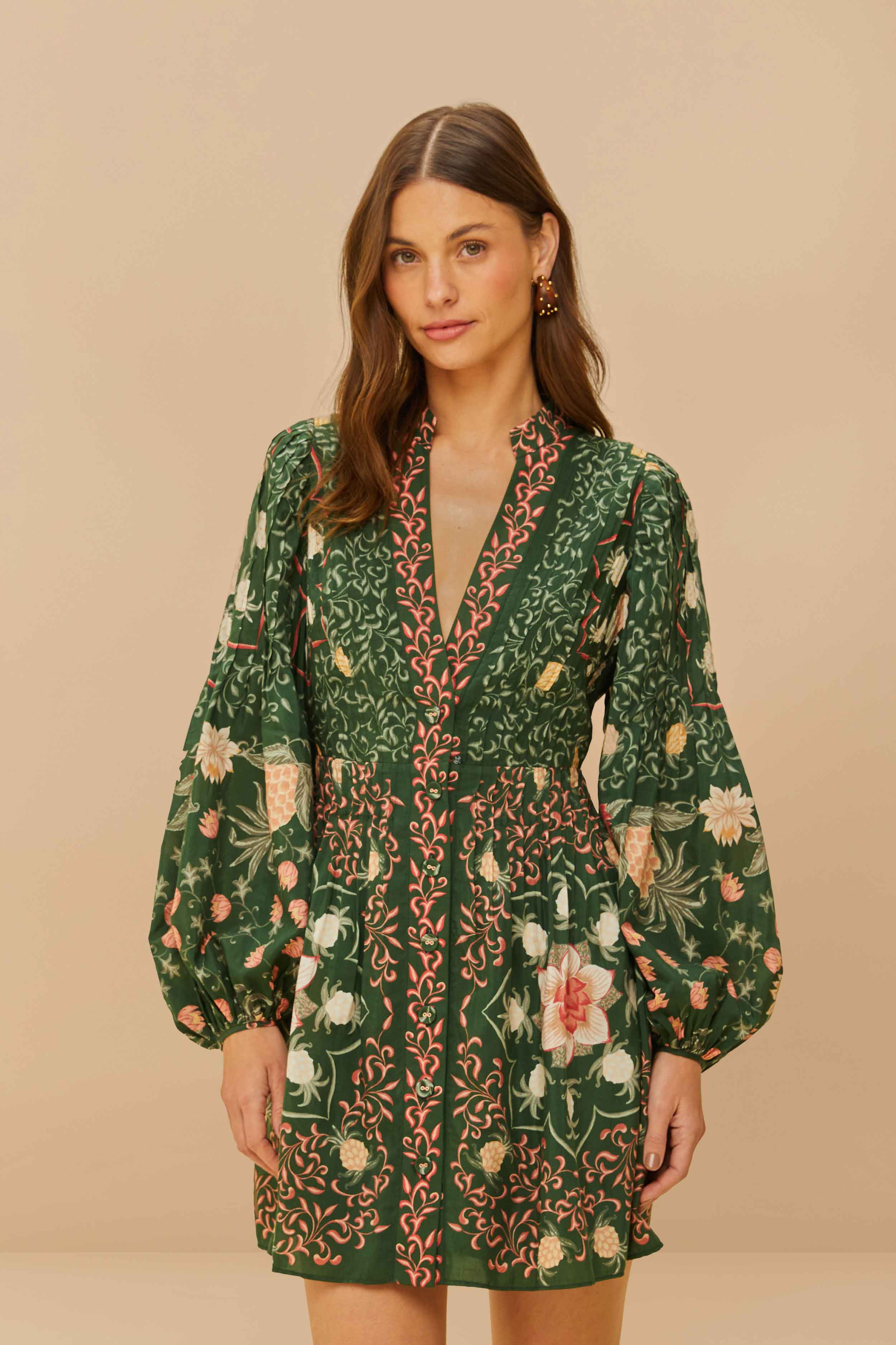 Green Pineapple Garden Long Sleeve Mini Dress | FarmRio (US)