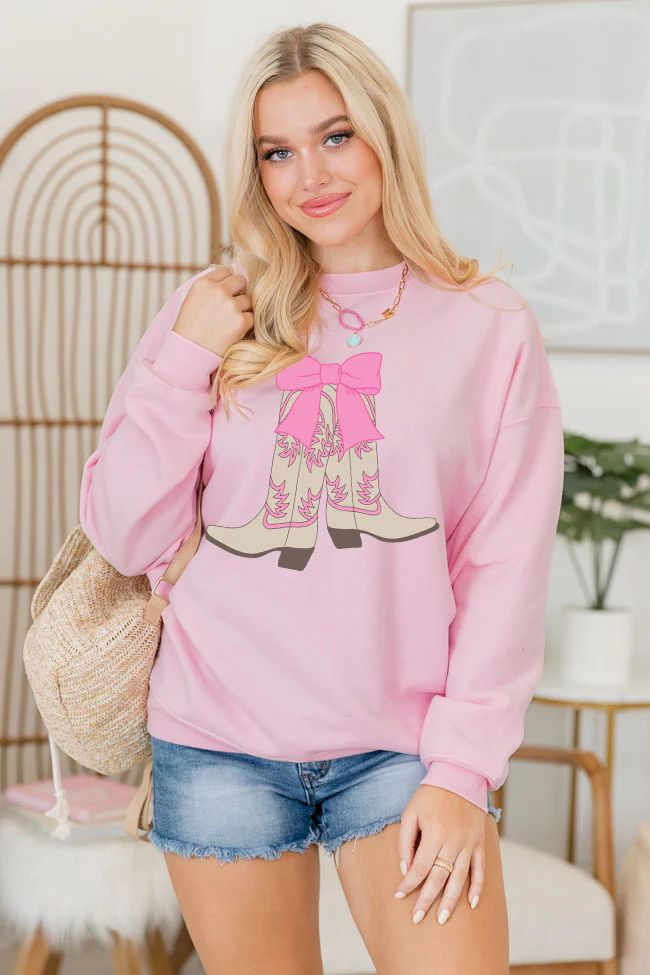 Boots and Bow Light Pink Oversized Graphic Sweatshirt | Pink Lily