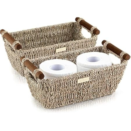 StorageWorks Hand-Woven Small Wicker Baskets, Seagrass Storage Baskets with Wooden Handles, 12 ¼ x 7 | Amazon (US)