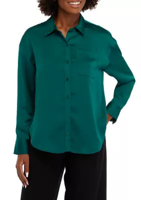 Crown & Ivy Women's Long Sleeve Button Down Tunic Shirt, Green, Small | Belk