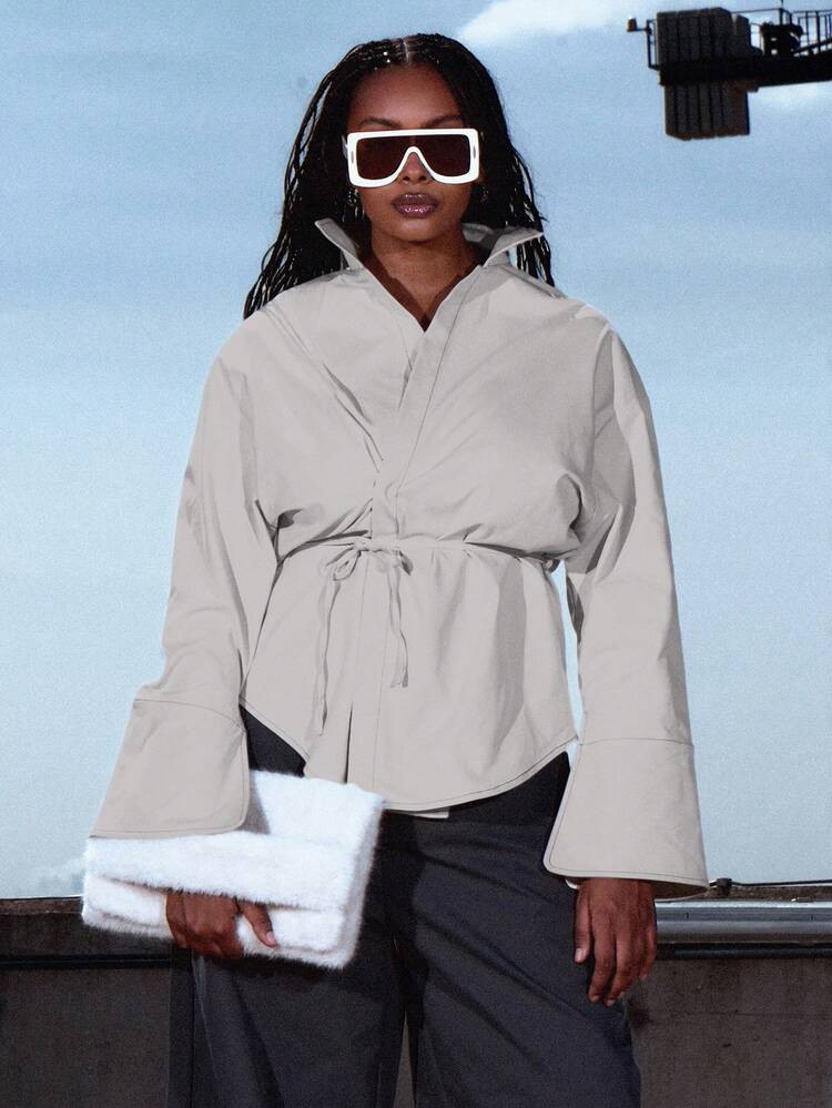 MUSERA Plus Long Flare Sleeve Cinched Waist Asymmetric Shirt Top Only Cute Summer Holiday Elegant... | SHEIN