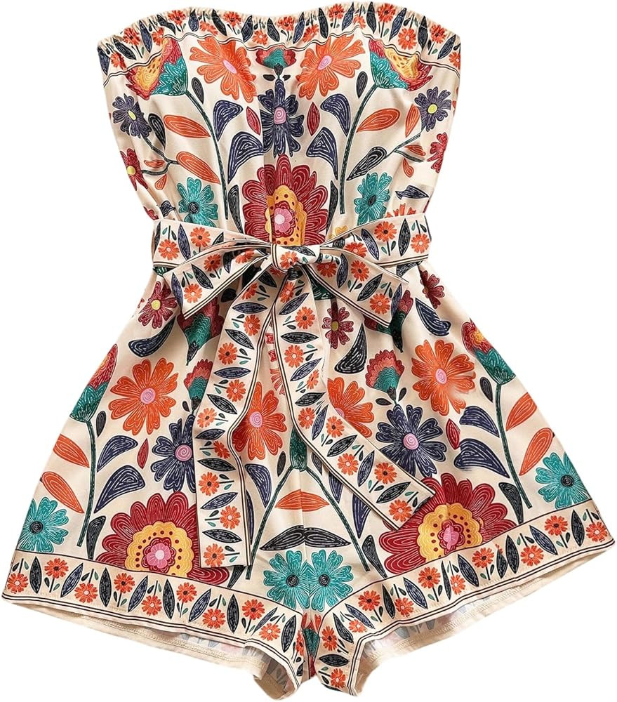 Floerns Women's Boho Floral Strapless Jumpsuit Sleeveless Vacation Short Belted Romper | Amazon (US)