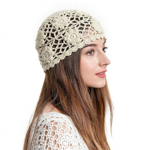 ZLYC Women Cotton Crochet Skull Cap Handmade Knit Cutout Floral Beanie Hat, Daisy Beige | Amazon (US)