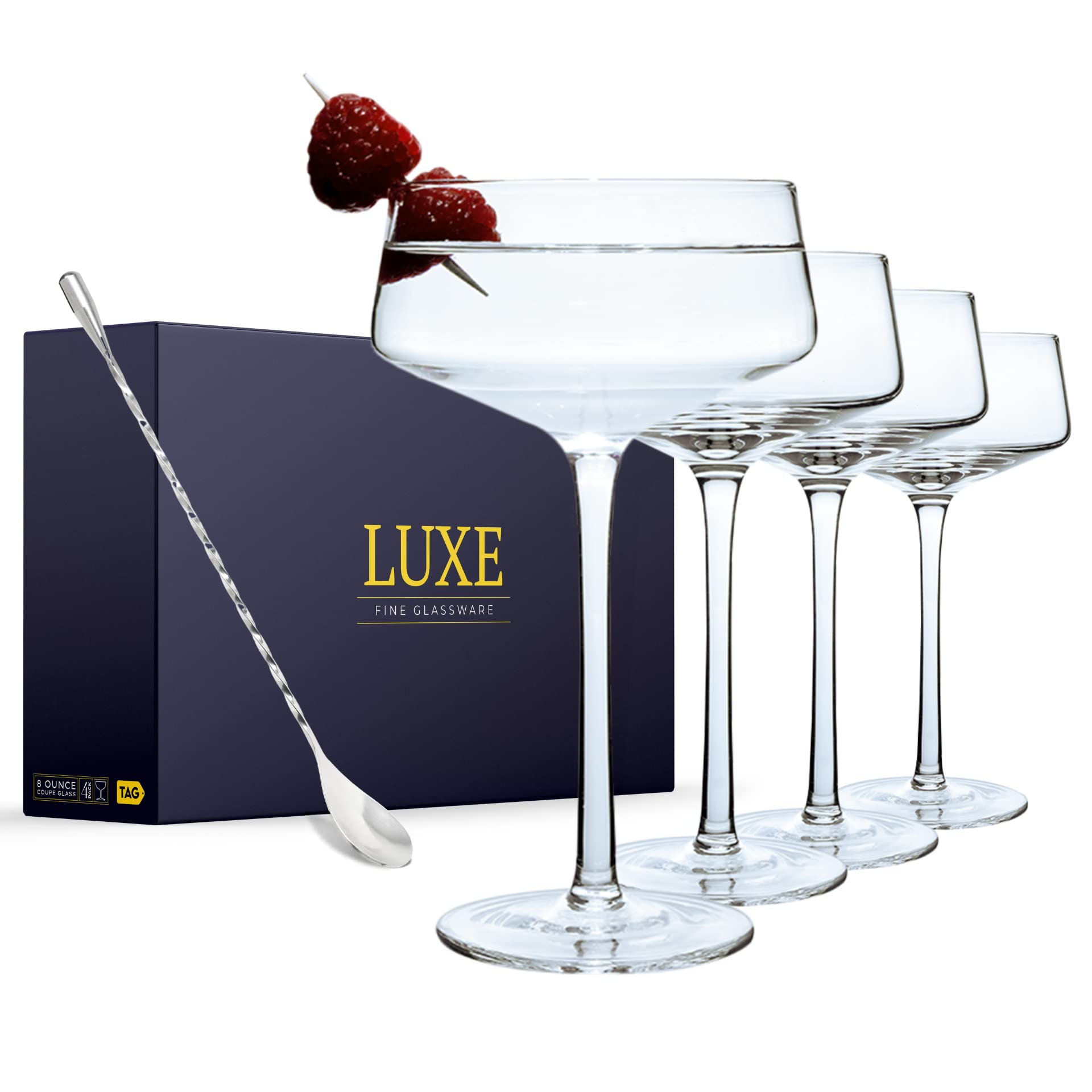The TAG Store Luxe Martini Glasses Set of 4 | 8oz Coupe Glass Set with Bar Spoon | Handblown Crys... | Amazon (US)