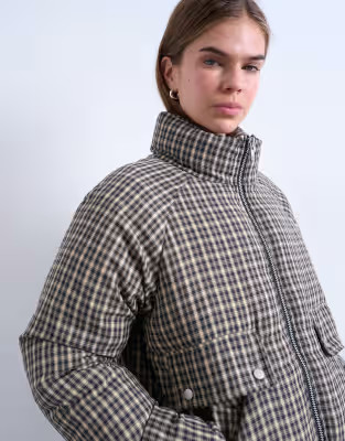 Micro check funnel neck puffer jacket in black | Topshop