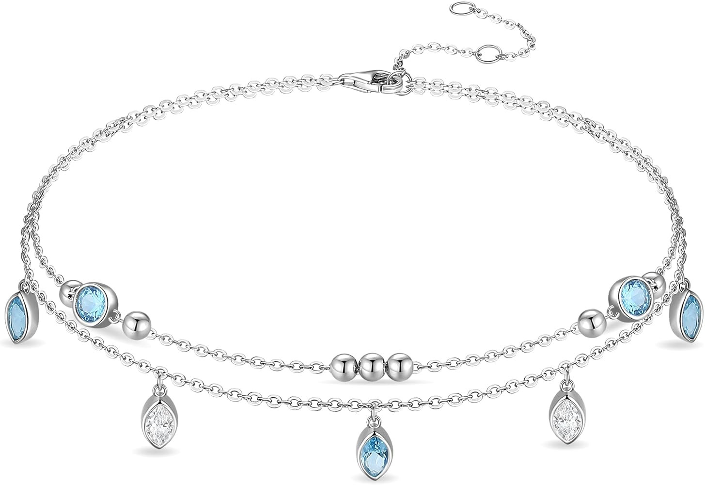 FANCIME Anklet Bracelets For Women, 925 Sterling Silver Layered Anklet Adjustable London Blue Top... | Amazon (US)