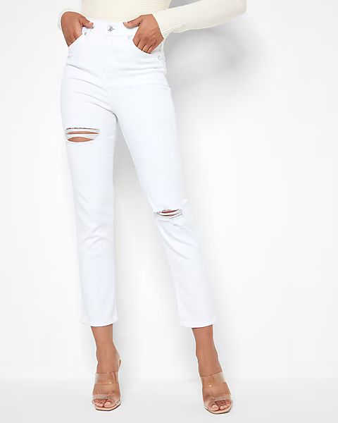 Conscious Edit Super High Waisted White Ripped Slim Jeans | Express