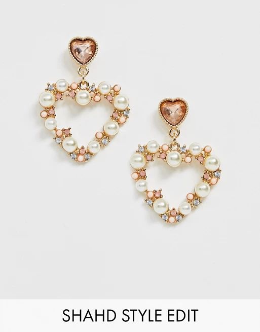 ASOS DESIGN earrings with crystal stud and pearl heart drop in gold tone | ASOS (Global)
