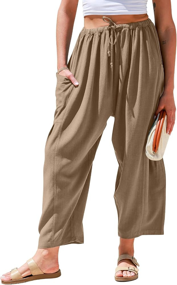 TARSE Womens Linen Wide Leg Pants Casual Loose Drawstring Low Waist Beach Palazzo Harem Pants wit... | Amazon (US)