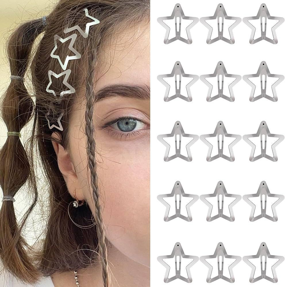 Star Hair Clips 2000s Y2K Snap Hair Barrettes Non Slip Star Hair Accessories Silver Metal Hair Cl... | Amazon (US)