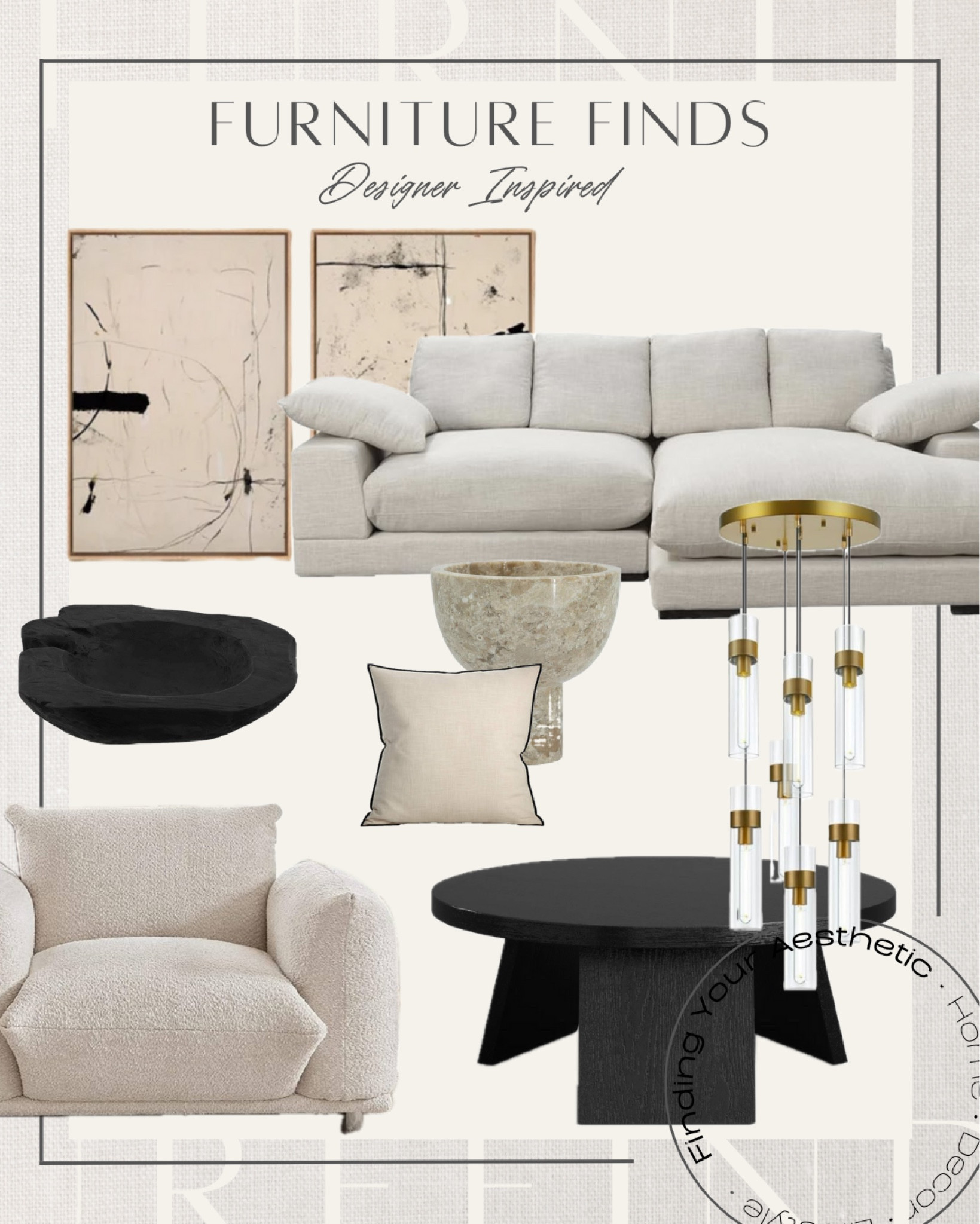 Designer inspired home decor and furniture finds to get the look for less 

Modern accent chair // boucle chair // oversized armchair // modern coffee table black // RH inspired raindrop chandelier // marble decorative bowl // rustic bowl // abstract wall art // modern sofa // sofa with square arms // neutral sofa 

#LTKHome #LTKSaleAlert