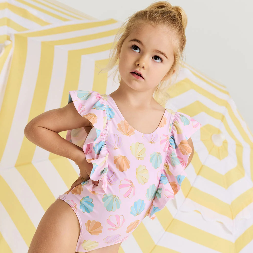 Seashells Pink Girls One Piece Swimsuit | Shelly Pink | Posh Peanut