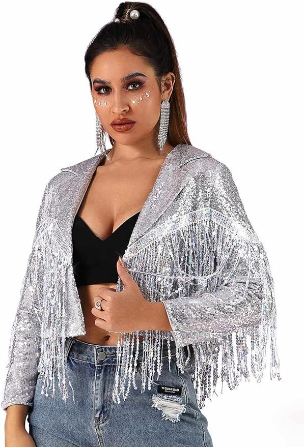 Edary Women's Sequin Long Sleeve Jacket Sparkle Glitter Tassel Blazer Jackets Lapel Open Front Fr... | Amazon (US)