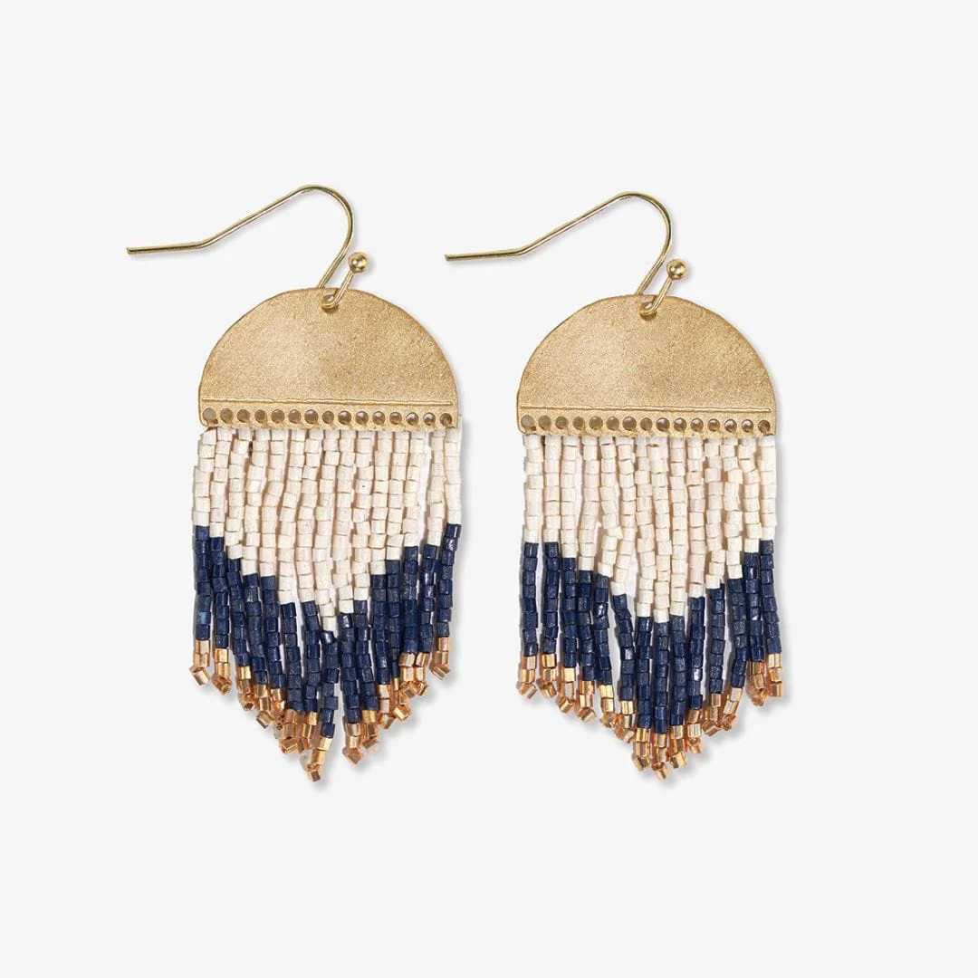 Claudia Curved Pattern Short Beaded Fringe Earrings Navy | INK+ALLOY