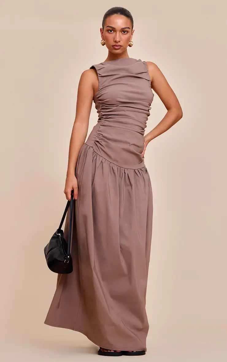 Taupe Stretch Woven Ruched Detail Drop Waist Maxi Dress | PrettyLittleThing USA | PrettyLittleThing US