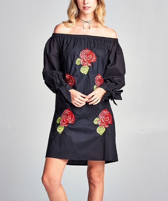 Simply Boho LA Women's Casual Dresses BLACK - Black Rose-Embroidered Bishop-Sleeve Off-Shoulder Dres | Zulily