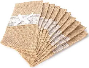 Burlap Silverware Holders with White Lace - 10 Pack of 4" x 8" with Ribbon Bow - Wedding Receptio... | Amazon (US)