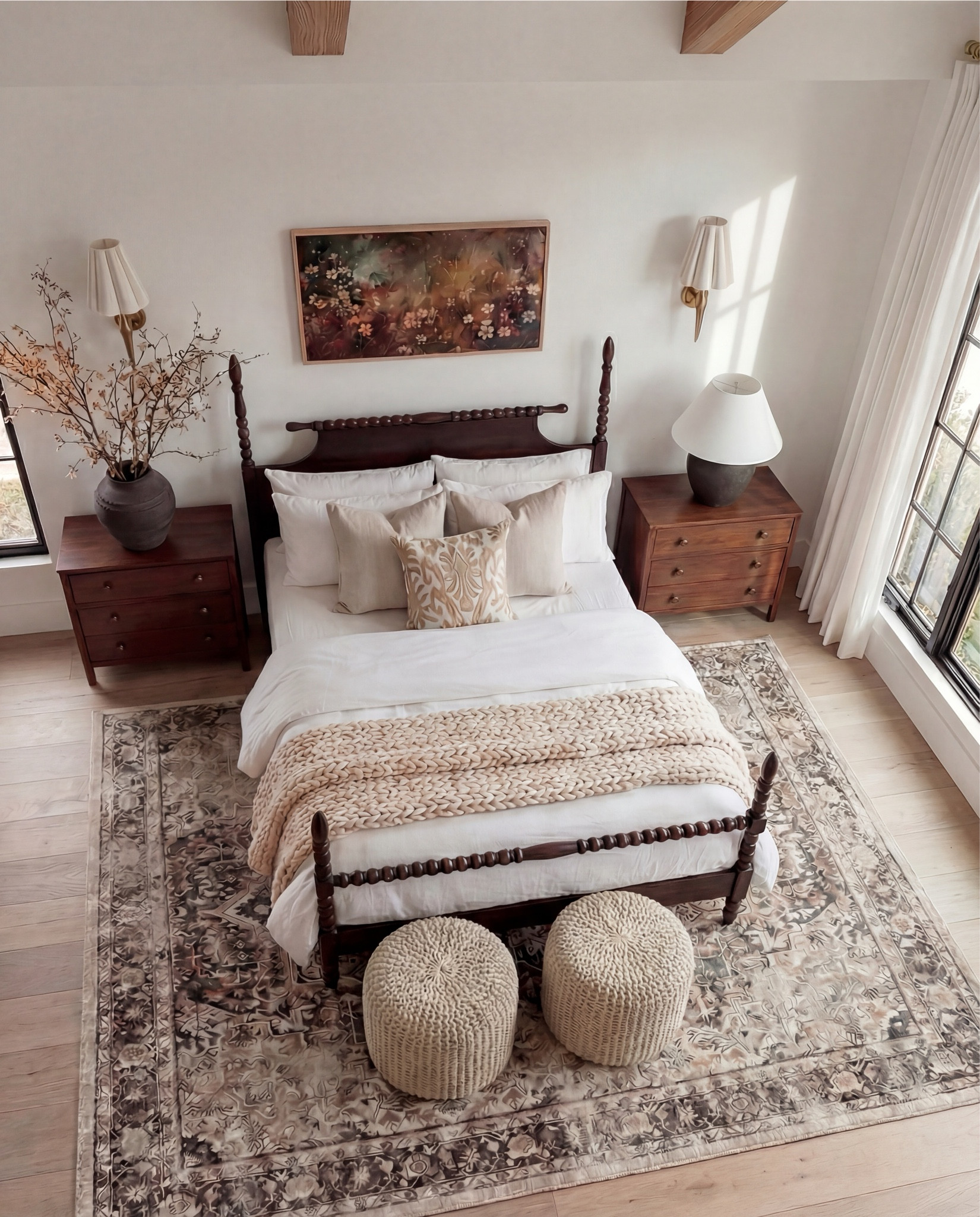 • Dark wood spindle bed frame
• White cotton duvet cover + pillow shams
• Neutral patterned area rug
• Cream Chunky knit throw blanket (warm beige)
• Woven knit poufs ottomans (bedside or bench seating)
• Wood nightstands with brass knobs
• Black ceramic table lamps
• White tapered lamp shades
• Brass wall sconces
• Framed floral wall art
• Textured accent throw pillows (neutral tones)
• Ceramic decorative bowl (white sculptural style)
• Wood bead garland with tassel
• Natural wood ceiling beams
• Light wood flooring

#LTKHome #LTKSaleAlert #LTKFindsUnder100