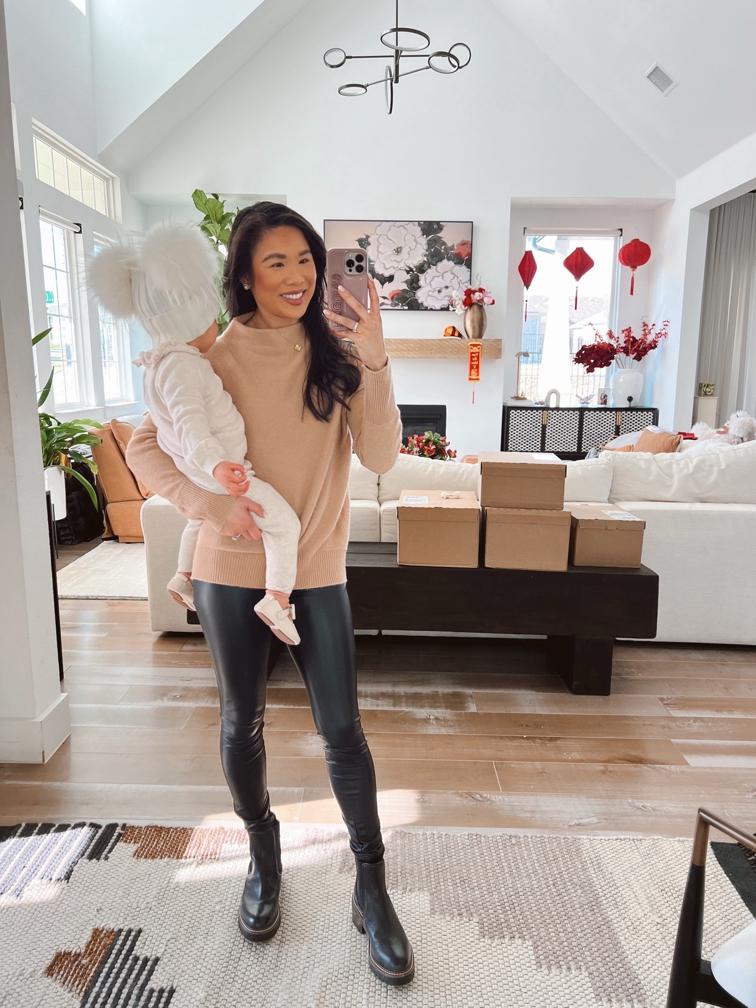 Winter outfit with cashmere funnel neck sweater that I love styled with faux leather leggings and black booties. Linking similar shoes because mine are sold out! 

#LTKPetite #LTKSeasonal