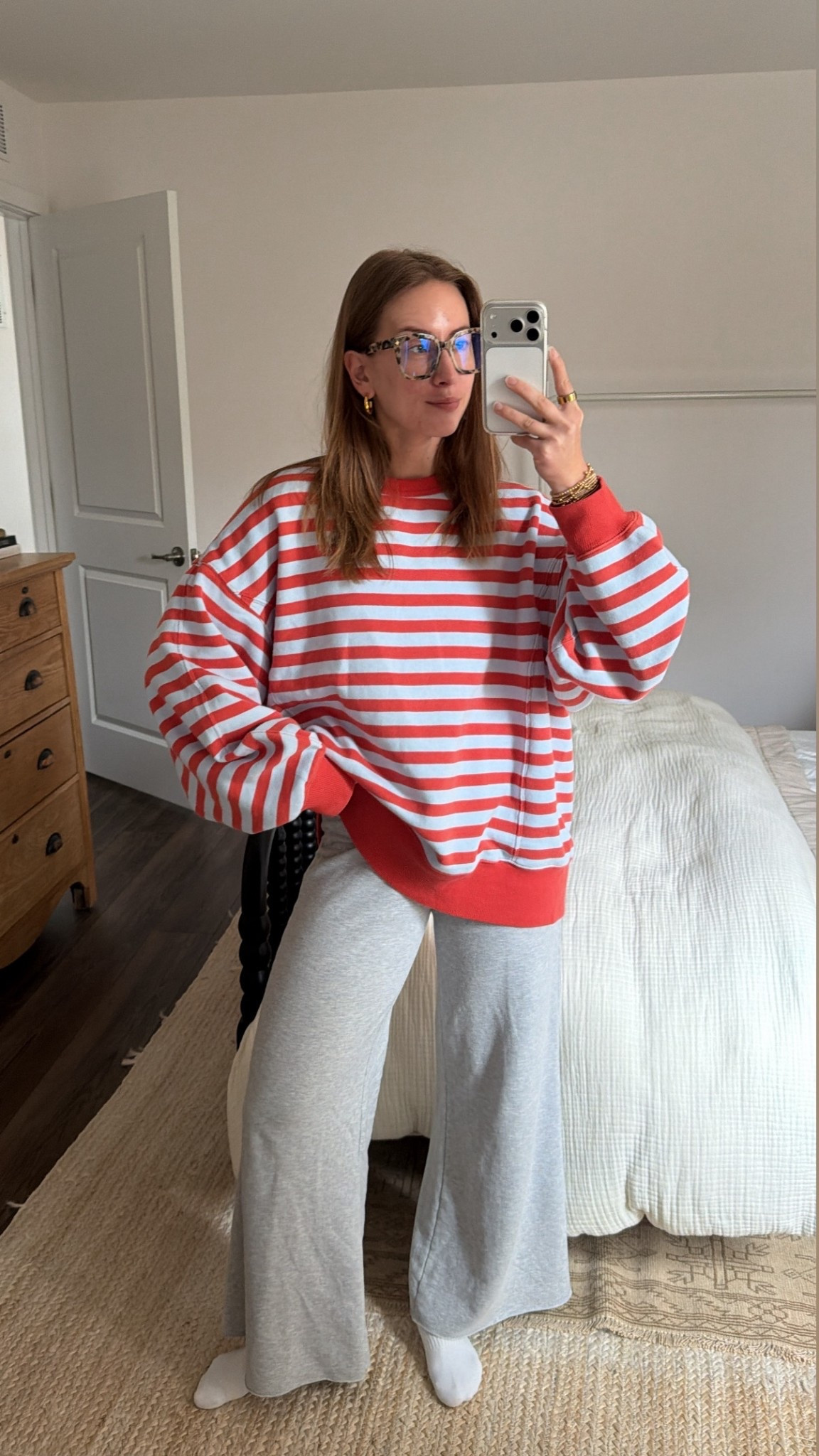3/5/26 Cozy Aerie Loungewear

One of my favorite cozy combos lately 🤍 Wearing my Aerie super soft grey lounge pants (size small) and the colorful striped Aerie sweatshirt I just shared yesterday (size medium for a relaxed fit).

Also linking my Amazon blue light glasses — my go-to when I’m working from home. Everything is linked here ✨