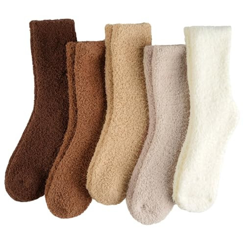 floconssy Fuzzy Socks for Women, Fluffy Cozy Plush Soft Slipper Socks for Fall Winter Warm Sleeping Home 5 Pairs Tan Brown White | Amazon (US)