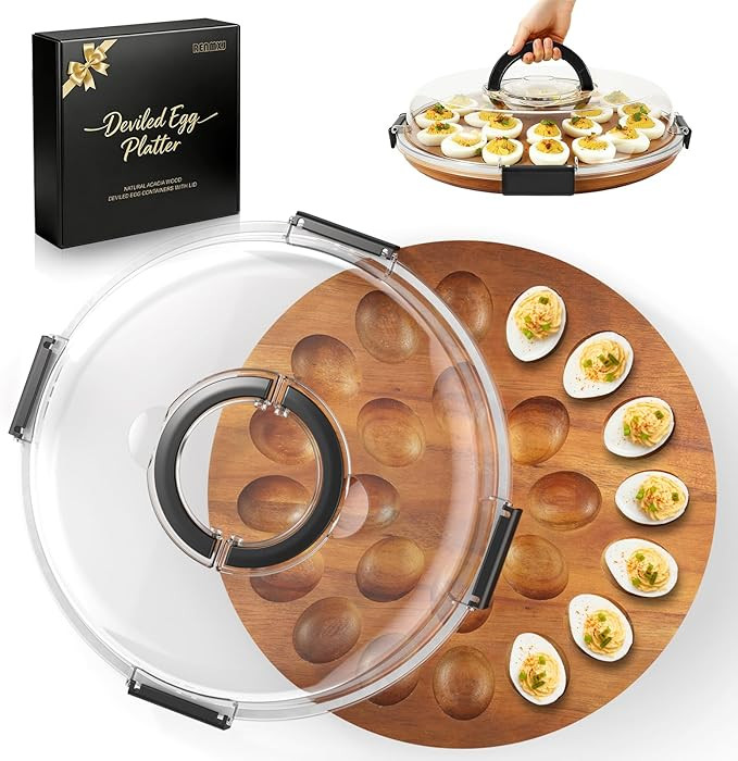 Deviled Egg Containers with Lid (24 Eggs), 2026 Upgraded Acacia Wooden Deviled Egg Tray Platter f... | Amazon (US)