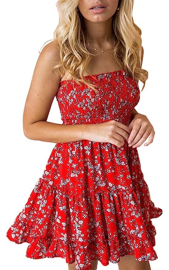 Angashion Women's Floral Strapless Pleated Flowy Skater Mini Tube Dress | Amazon (US)