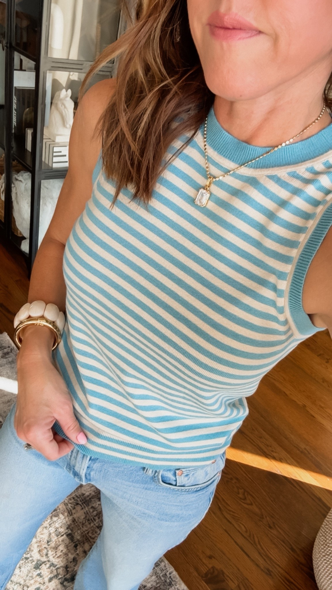 Sleeveless tank. Has a matching cardigan as well 
XS 
Necklace - use code: twopeasinablog 
Spring fashion 

#LTKSeasonal #LTKmomlife