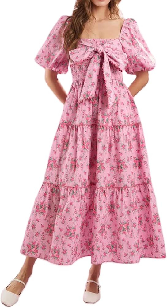 Woman Floral Puff Sleeve Maxi Dress Square Neck Ruffle Flowy Long Dresses Boho Tiered A Line Summ... | Amazon (US)