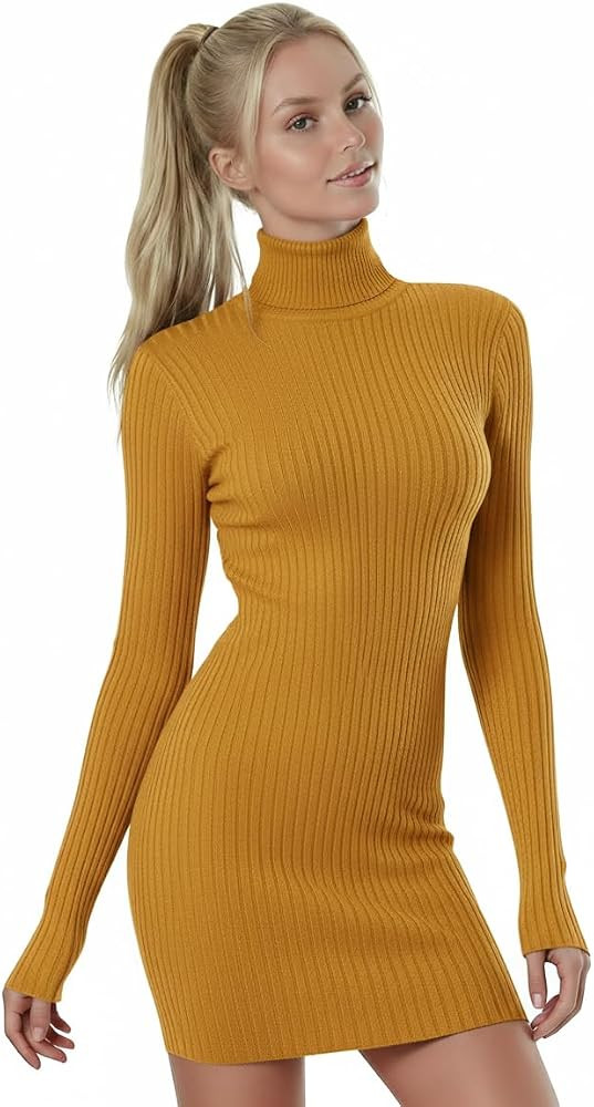 v28 Women Turtleneck Long Sleeve Bodycon Fall Winter Mini Slim Knit Sweater Dress | Amazon (US)