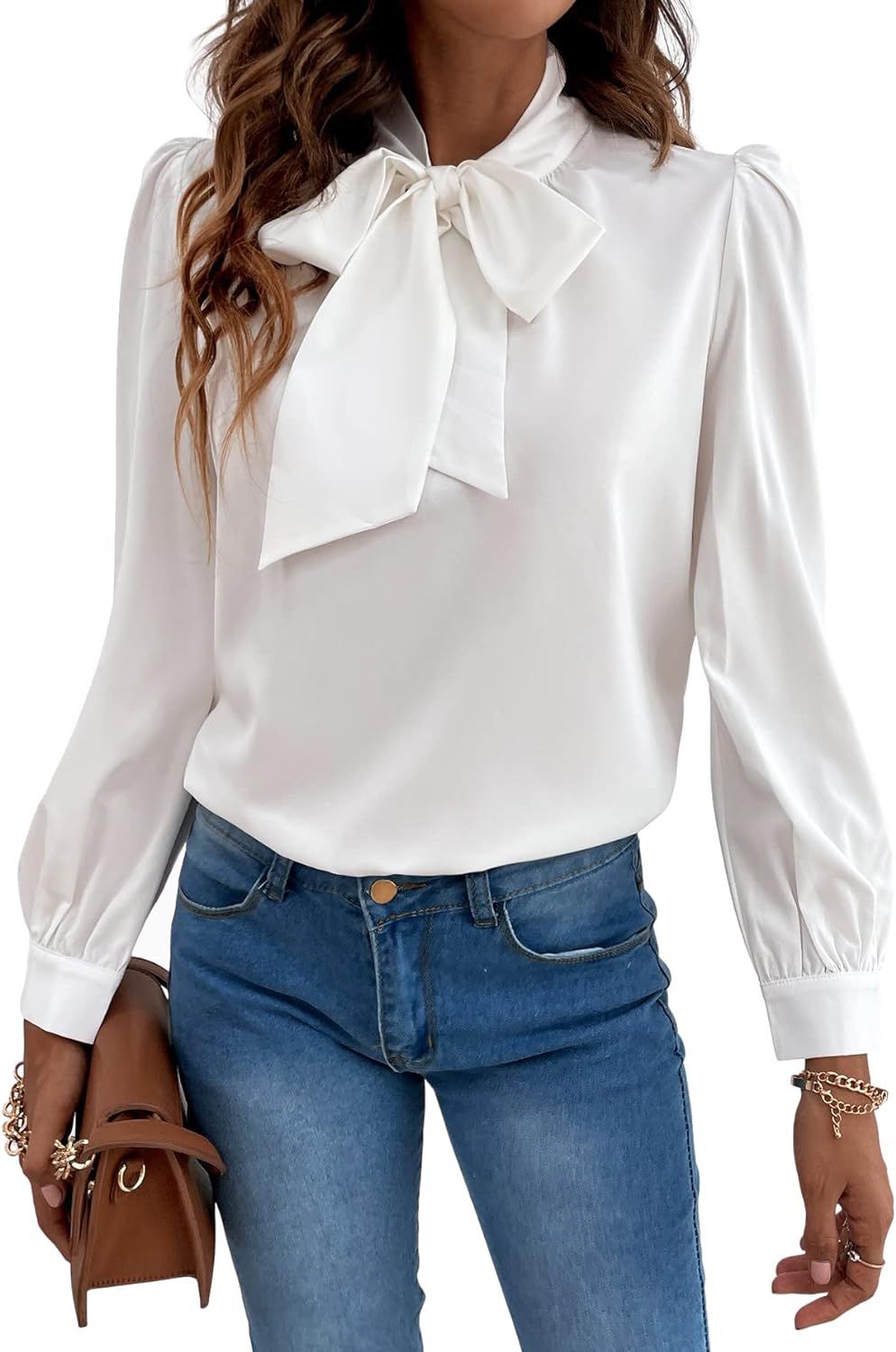 Verdusa Women's Elegant Bow Tie Neck Long Sleeve Chiffon Blouse Shirt Top | Amazon (US)
