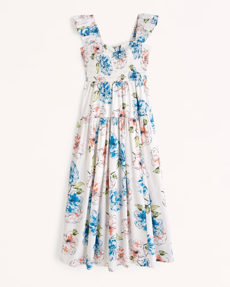 Ruffle Strap Smocked Midi Dress | Abercrombie & Fitch (UK)