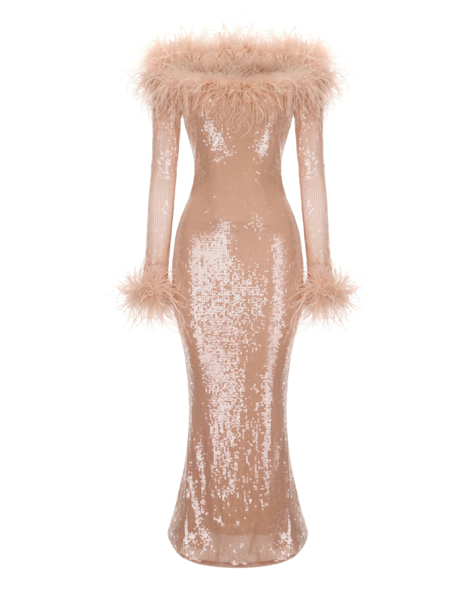 Neva Sequin Maxi Dress (Nude) | Feather Long Sleeve Evening Gown | Nana Jacqueline