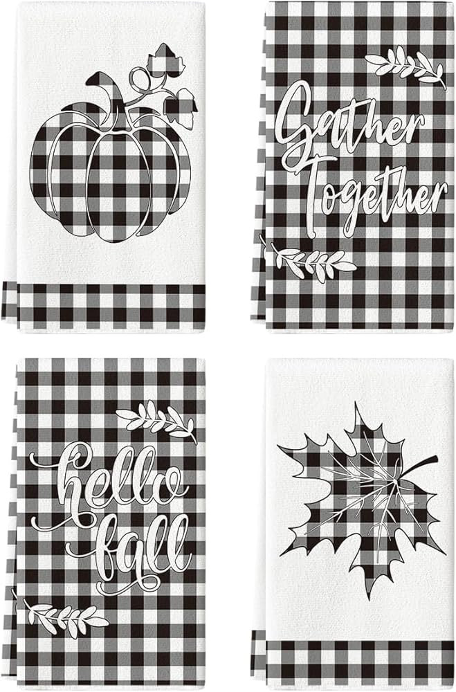 Artoid Mode Black White Buffalo Plaid Maple Leaves Pumpkins Hello Fall Kitchen Towels Dish Towels... | Amazon (US)