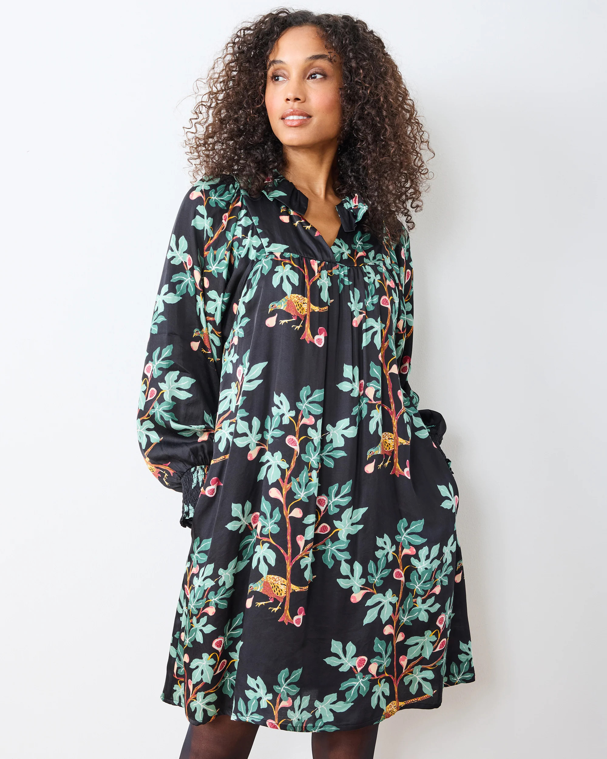 Printfresh Women's Party-Ready Long Sleeve Loose Fit Mini Dress in Black Pheasant & Figs | Printfresh