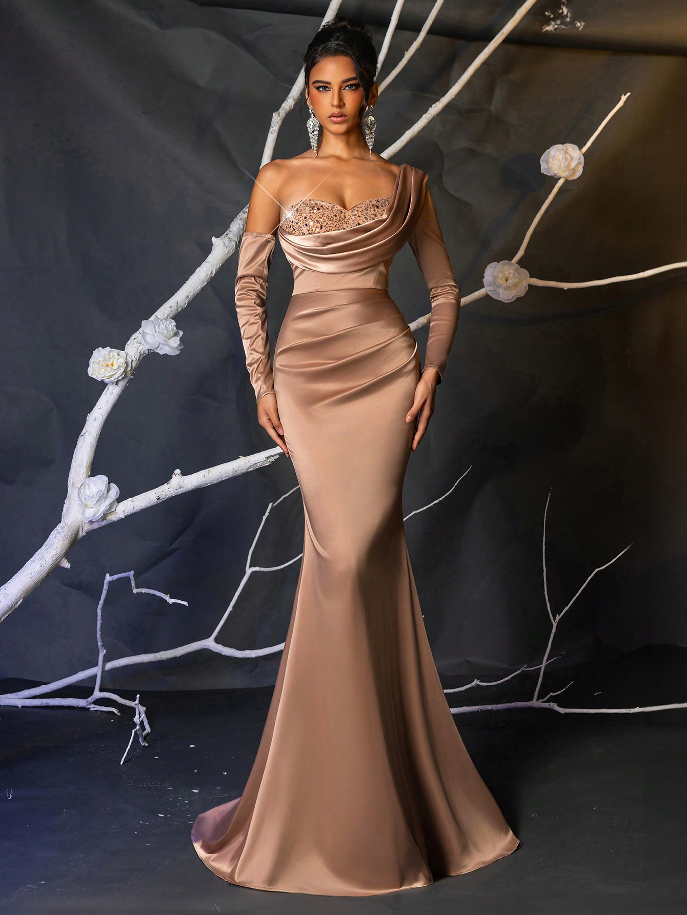 Glamrae Elegant Champagne Asymmetrical Neck Sequin Splice Asymmetric Flounced High Waist Fishtail... | SHEIN