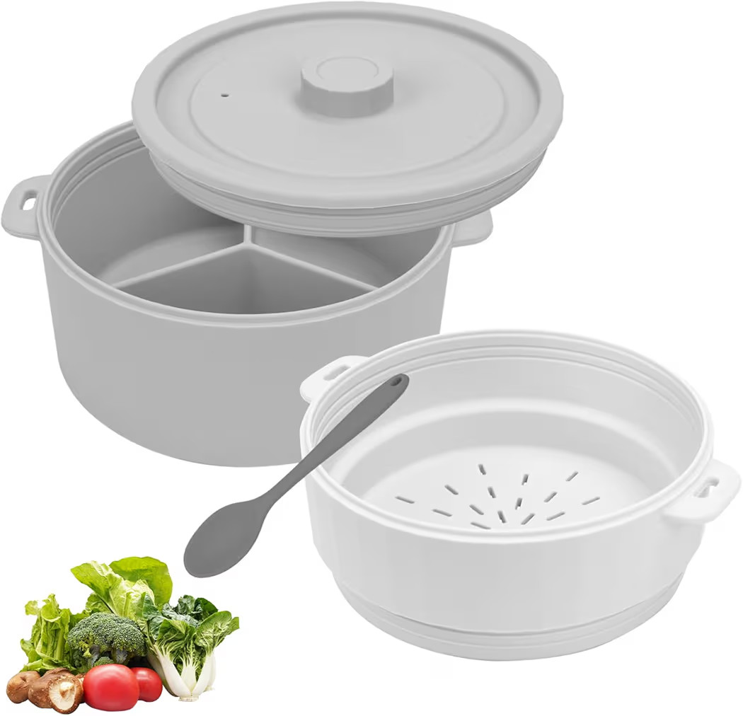 Steamer Pot, Silicone Microwave Steamer with 3-Compartment Divider, Steaming Pot Cookware Tempera... | Amazon (US)