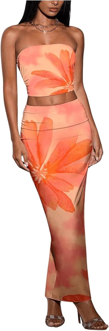 SOLY HUX Women's 2 Piece Skirt Sets Strapless Crop Tube Top Bodycon Maxi Skirt Summer Floral Outf... | Amazon (US)