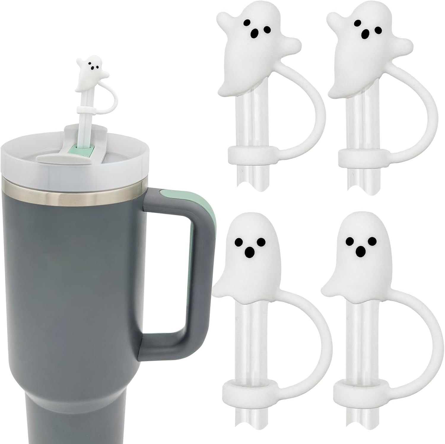 LUOLAO Cute Ghost Straw Covers Cap Compatible with Stanley Cup 30 40 oz, 4PCS Silicone Reusable Drinking Straw Topper Including 2 styles, Funny Tumbler Accessories Perfect Halloween Gifts | Amazon (US)