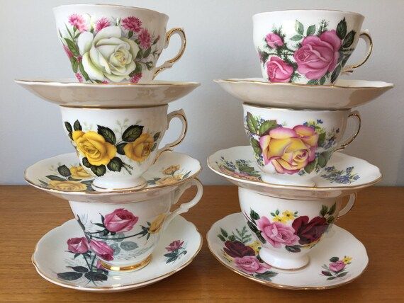 Vintage Mismatched Tea Set, Pink and Yellow Rose Teacups and Saucers, Floral Tea Cups and Saucers, E | Etsy (US)