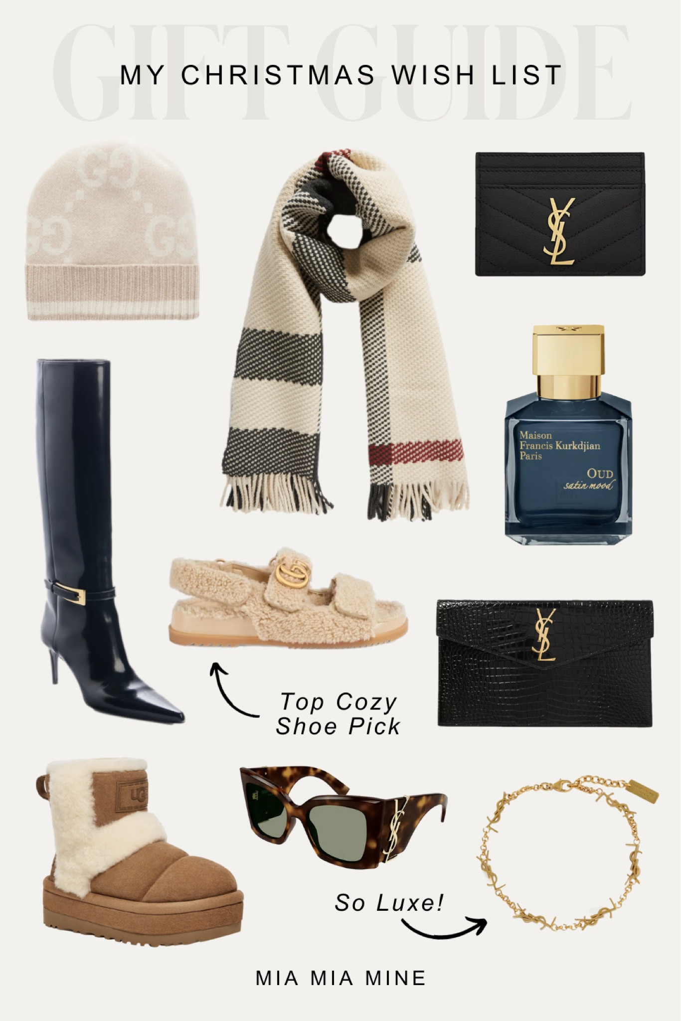 #miamiamine gift guide for her / Christmas gifts 
Burberry scarf 
Saint Laurent boots
Saint Laurent clutch
Ugg shearling trim booties
Gucci beanie
Ysl bracelet 
Maison Francis Kurkdjian oud satin mood perfume 



#LTKHoliday #LTKshoecrush #LTKGiftGuide