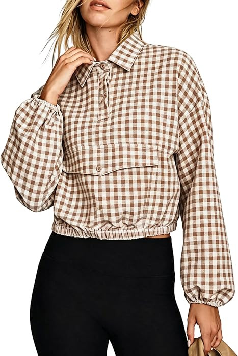 Women's Plaid Quarter Button Pullover Anorak Jacket     Long Sleeve Tops Stand Collar Design Ligh... | Amazon (US)