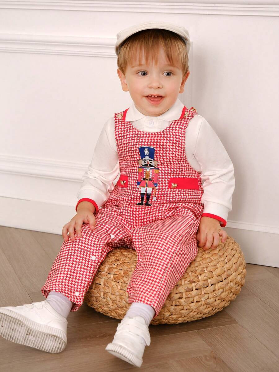 Souflis 2pcs Baby Boys' Casual Vintage French Style Houndstooth Cartoon Soldier Print Gentleman S... | SHEIN