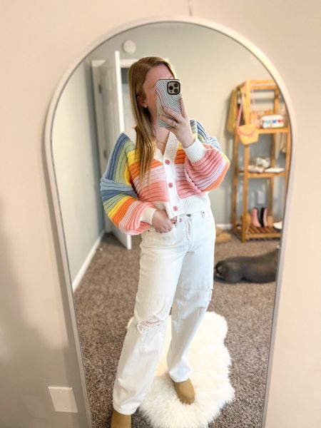 Summer to fall transition outfit. Colorful outfit, chunky cardigan, white denim, teacher outfit 🌈

#LTKstyletip #LTKBacktoSchool #LTKunder100