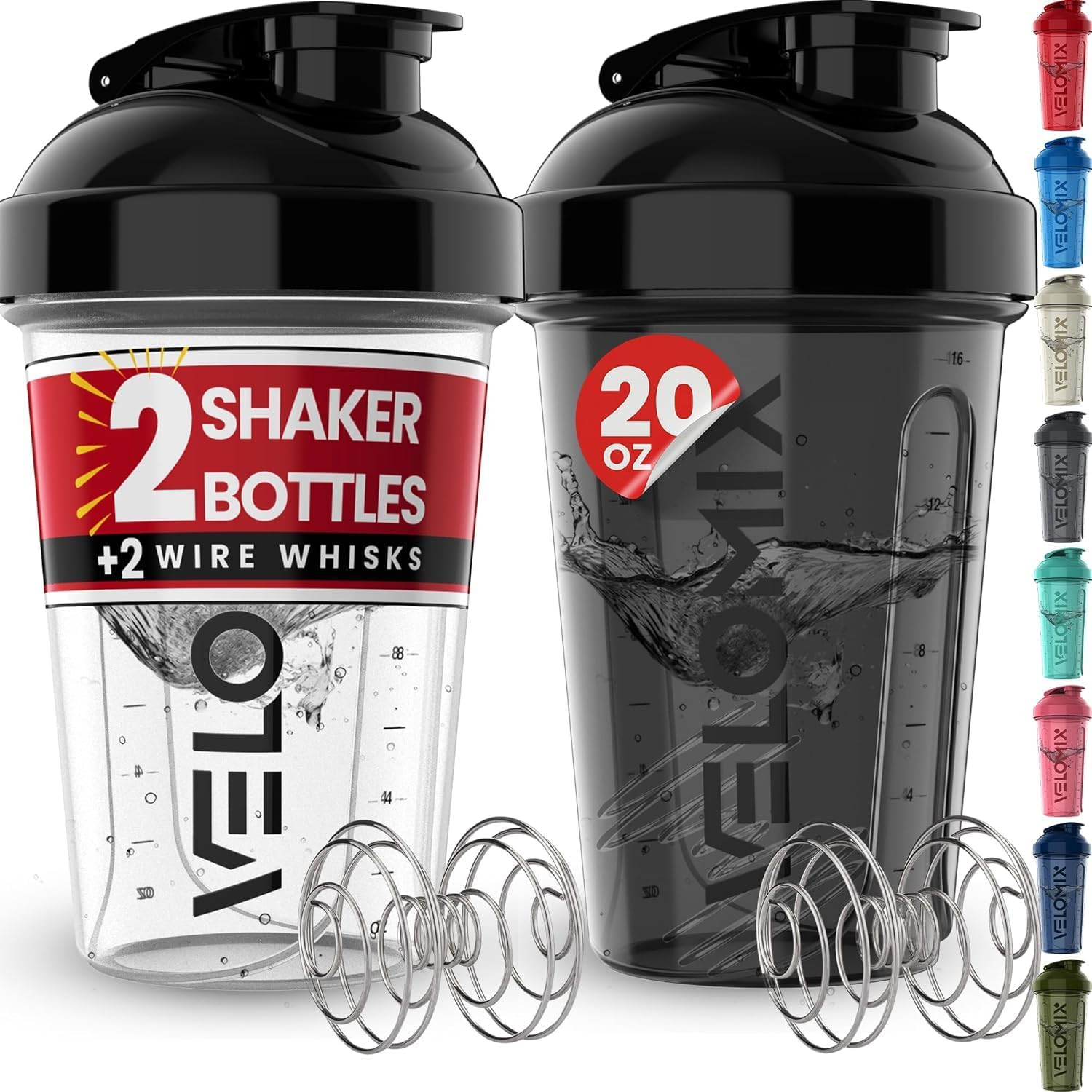 VELOMIX 2 Pack 20oz Protein Shaker Bottle for Protein Mixes, Black/Transpar | Amazon (US)