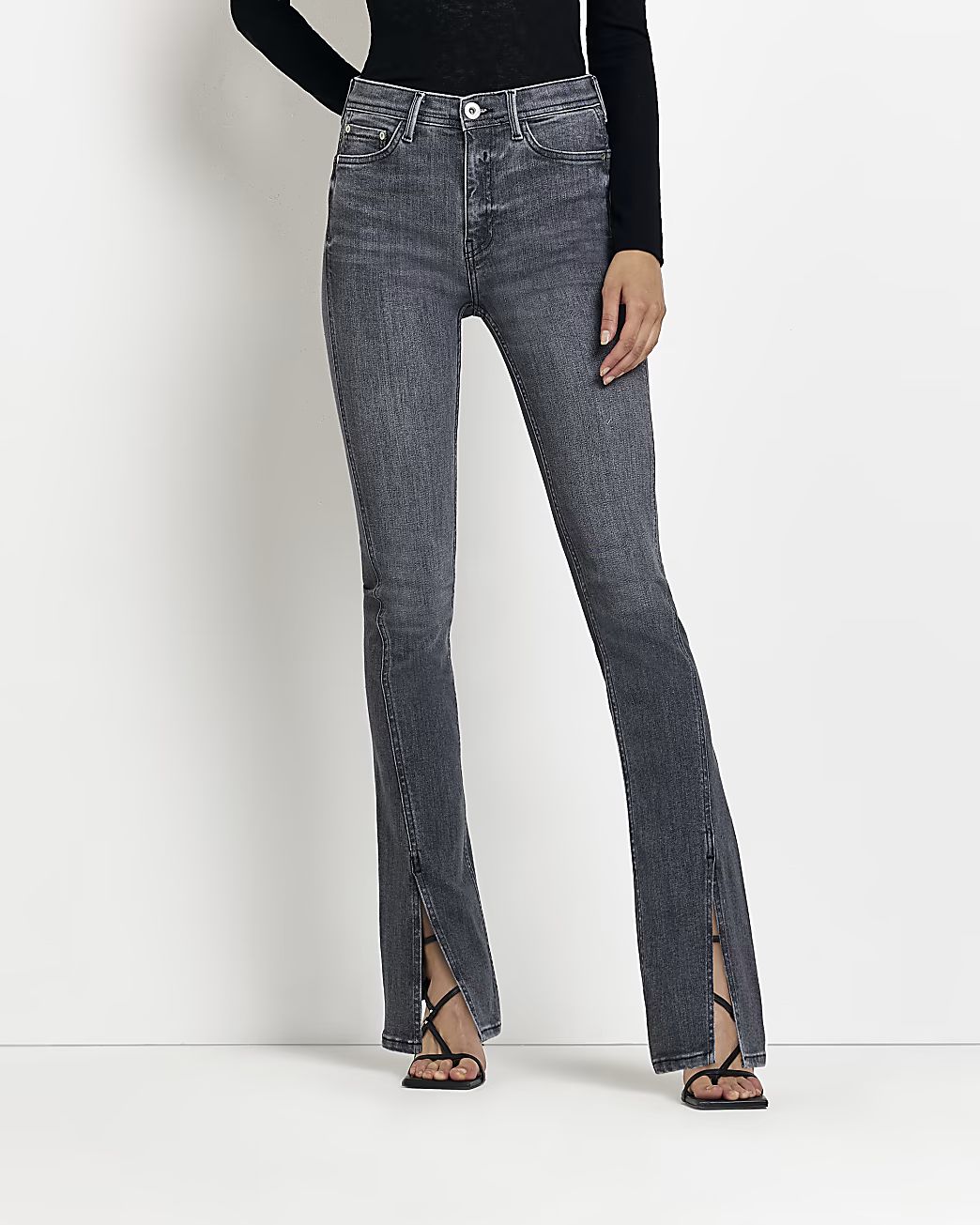 Grey mid rise split hem slim jeans | River Island (US)
