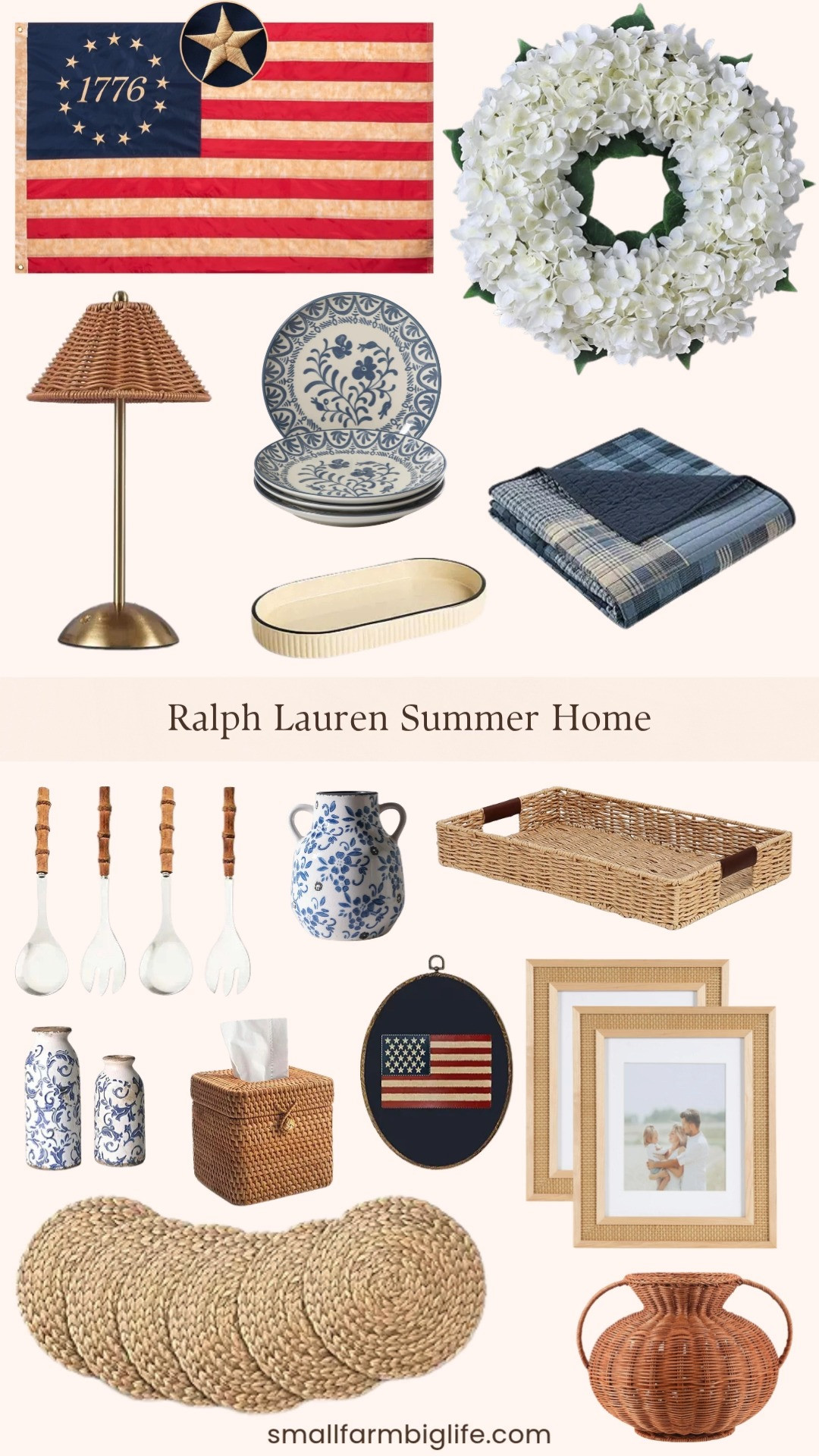 This round up is giving all the classic American summer home vibes just in time for Fourth of July entertaining. The tea stained vintage Betsy Ross flag and the American flag oval wall art are such beautiful patriotic touches that feel timeless rather than seasonal, and the blue floral Valencia plate set and blue and white ceramic vases bring in that classic Ralph Lauren coastal color palette. I love the natural water hyacinth placemats and handwoven rattan tray for summer table styling, and the boho rattan lamp and rattan tissue box cover add that warm organic texture that ties everything together. The artificial hydrangea wreath and blue plaid quilted Woolrich throw are two of my favorite pieces in this round up for a front porch or living room refresh. Tap to shop! 

 #LTKSeasonal #LTKHome