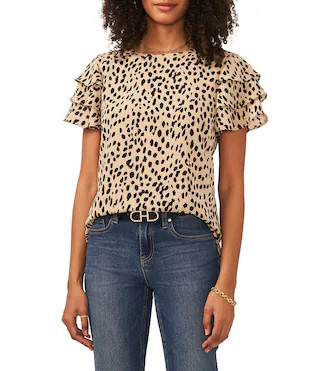 Tiered Ruffle Short Sleeve Leopard Print Blouse | Dillard's